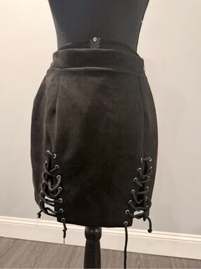 Black Lace-Up Suede Mini Skirt